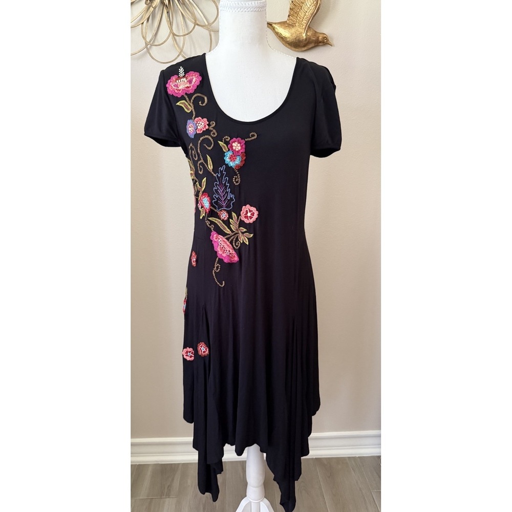CAITE Embroidered Floral Dress Black Boho Asymmetrical Hem Size Medium